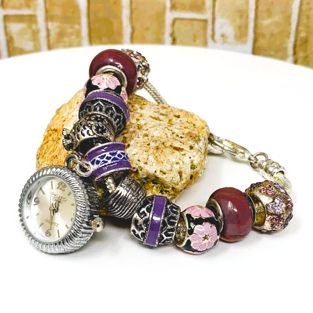 Figaro Retro Purple/Rhinestone/Beaded/Silver Tone Slide Bead Bracelet Watch
